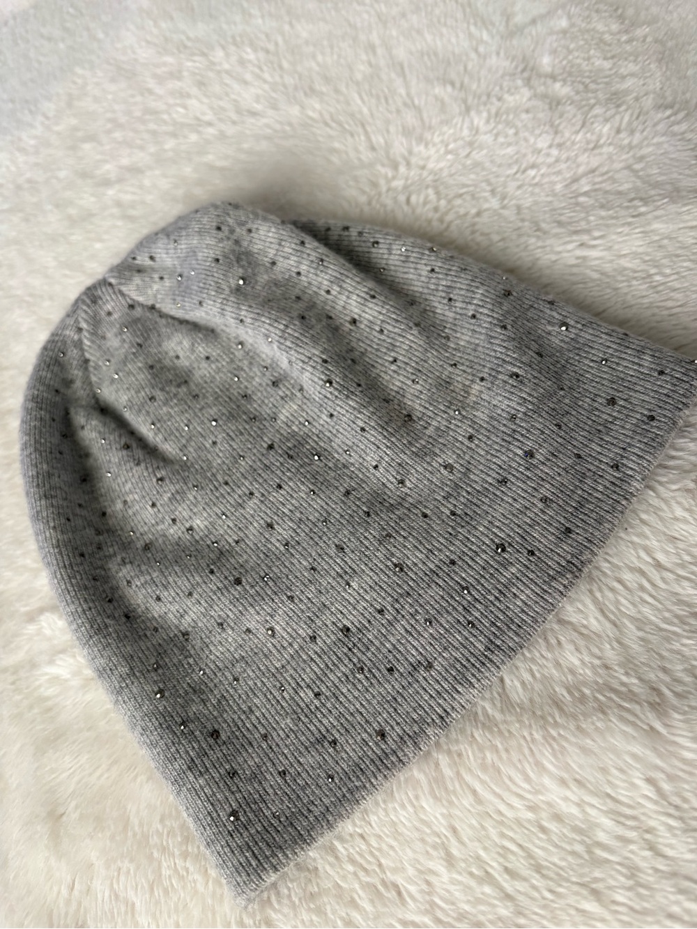 ADRIENNE LANDAU Rhinestone Stud Embellished Ribbed Knit Wool Blend Beanie Hat